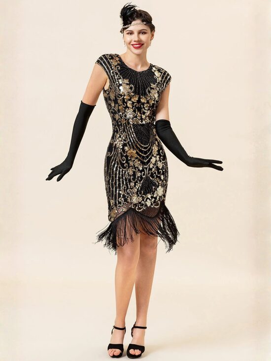 Kuldsete tikanditega Great Gatsby 1920ndate stiilis flapper-kleit / narmaskleit / litterkleit